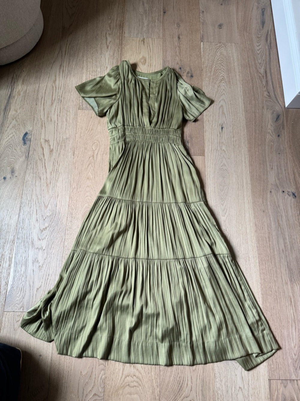 Anthropologie Olive Green Pleated Maxi Dress